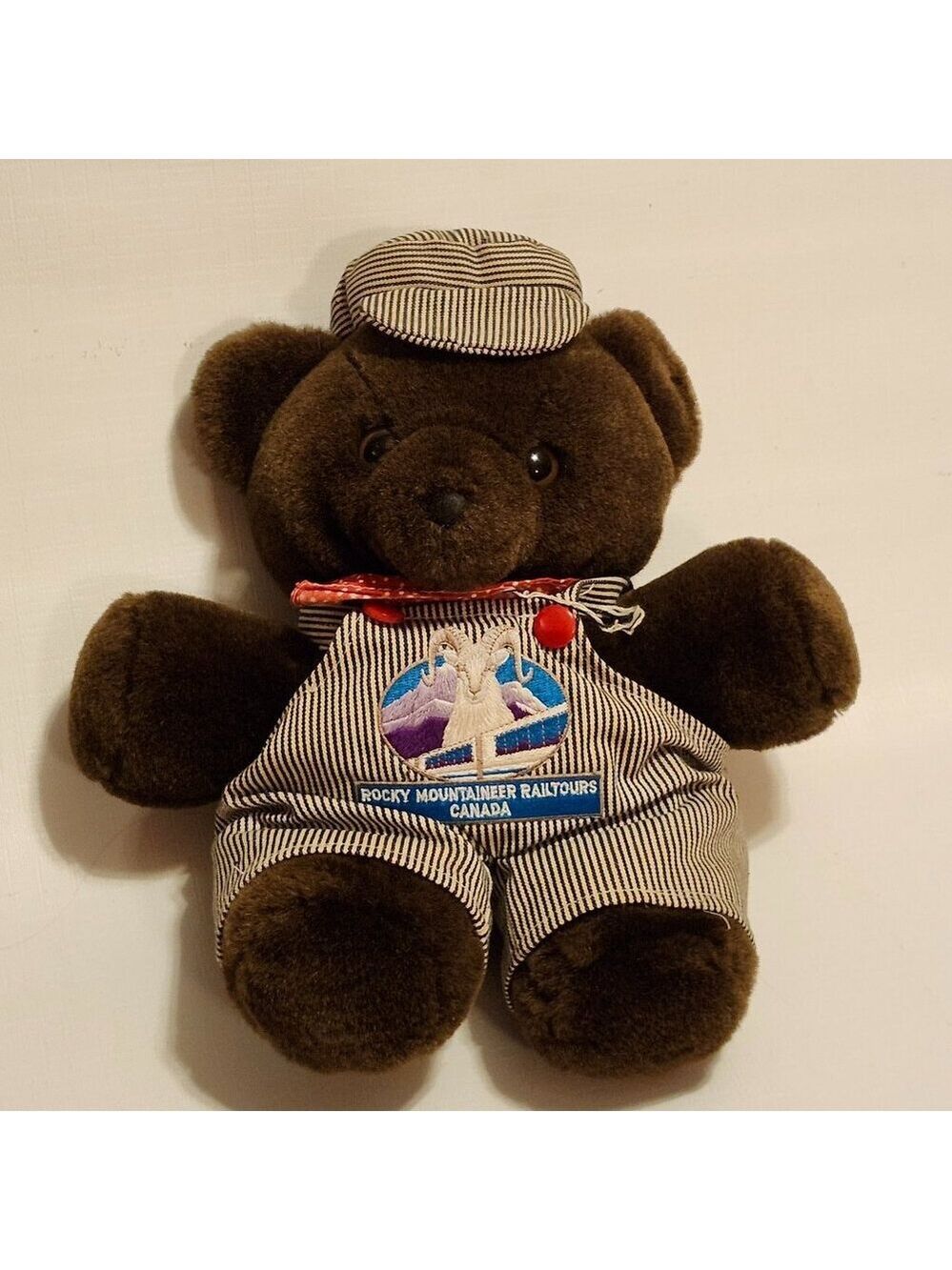 ADORABLE VINTAGE Rocky Mountaineer Rail Tours Plush Bear Engineer Railroad Train